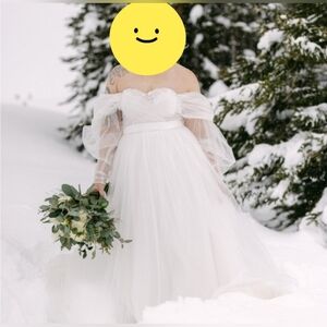 8-10 Fairy Tale Princess Custom Off-Shoulder Long Sleeve White Wedding Dress